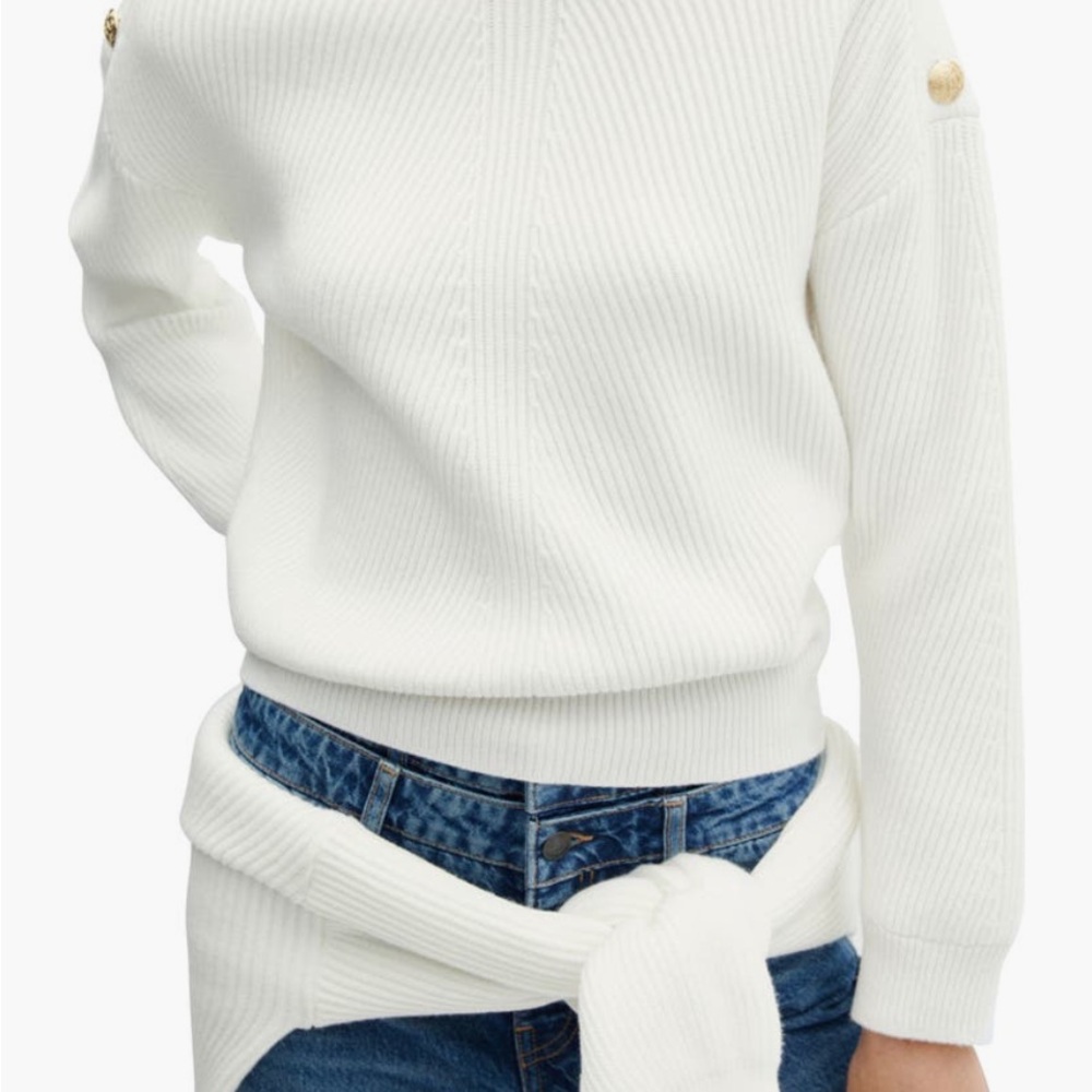 Mango White Ribbed Crewneck Sweater with Button Details